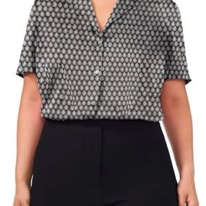HALOGEN Solid Satin Camp Shirt Blouse- Rich Black Geo Size 1X